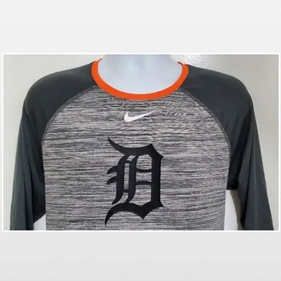Nike Top Mens Large MLB Detroit Det. Tigers Grey Raglan Baseball Sport Shirt - Picture 3 of 14